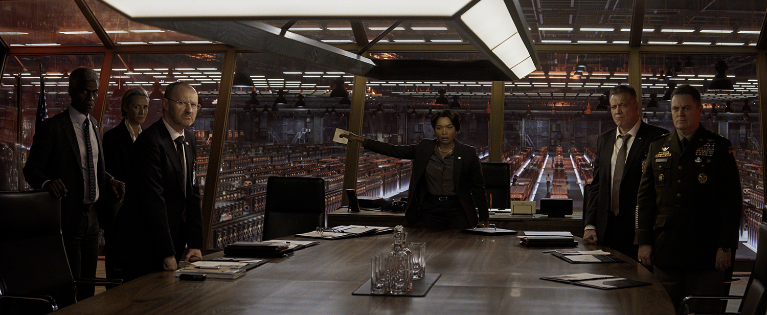 Charles Parnell as Richards, Mark Gatiss as Angstrom, Janet McTeer as Walters, Angela Bassett as President Erika Sloane, Holt McCallany as Serling and Nick Offerman as General Sydney in a scene from