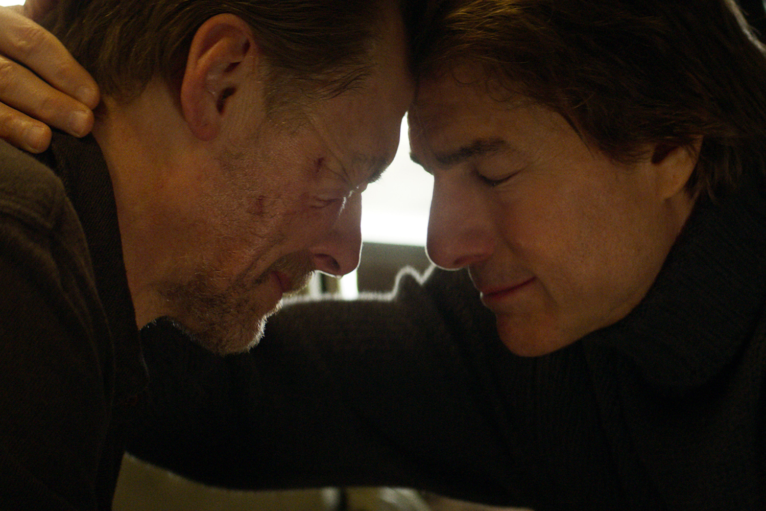 Simon Pegg as Benji and Tom Cruise as Ethan Hunt in a scene from