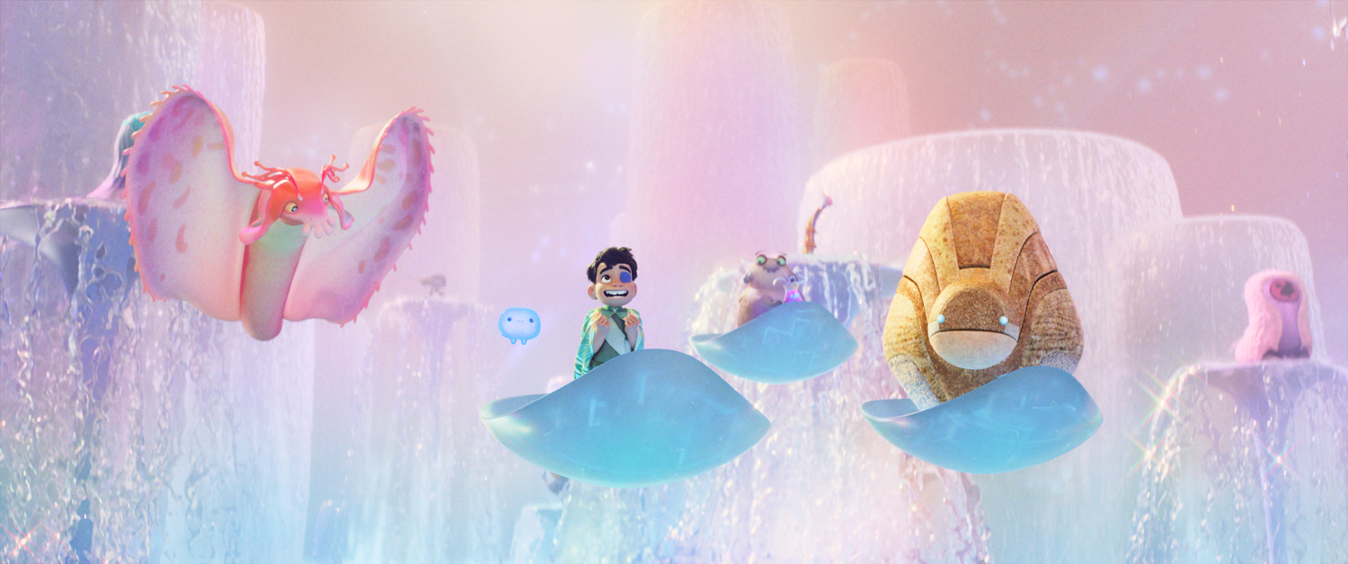 Ambassador Questa (voice of Jameela Jamil), Ooooo (voice of Shirley Henderson), Elio (voice of Yonas Kibreab), Ambassador Helix (voice of Brandon Moon), Ambassador Tegmen (voice of Matthias Schweighôfer) and Ambassador Auva (voice of Naomi Watanabe) in a scene from “Elio.” (Photo courtesy of Disney/Pixar)