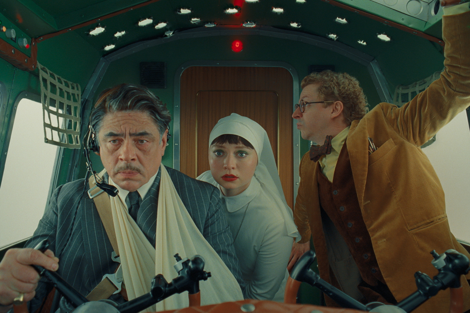 Benicio Del Toro as Zsa-zsa Korda, Michael Cera as Bjorn and Mia Threapleton as Liesl in a scene from
