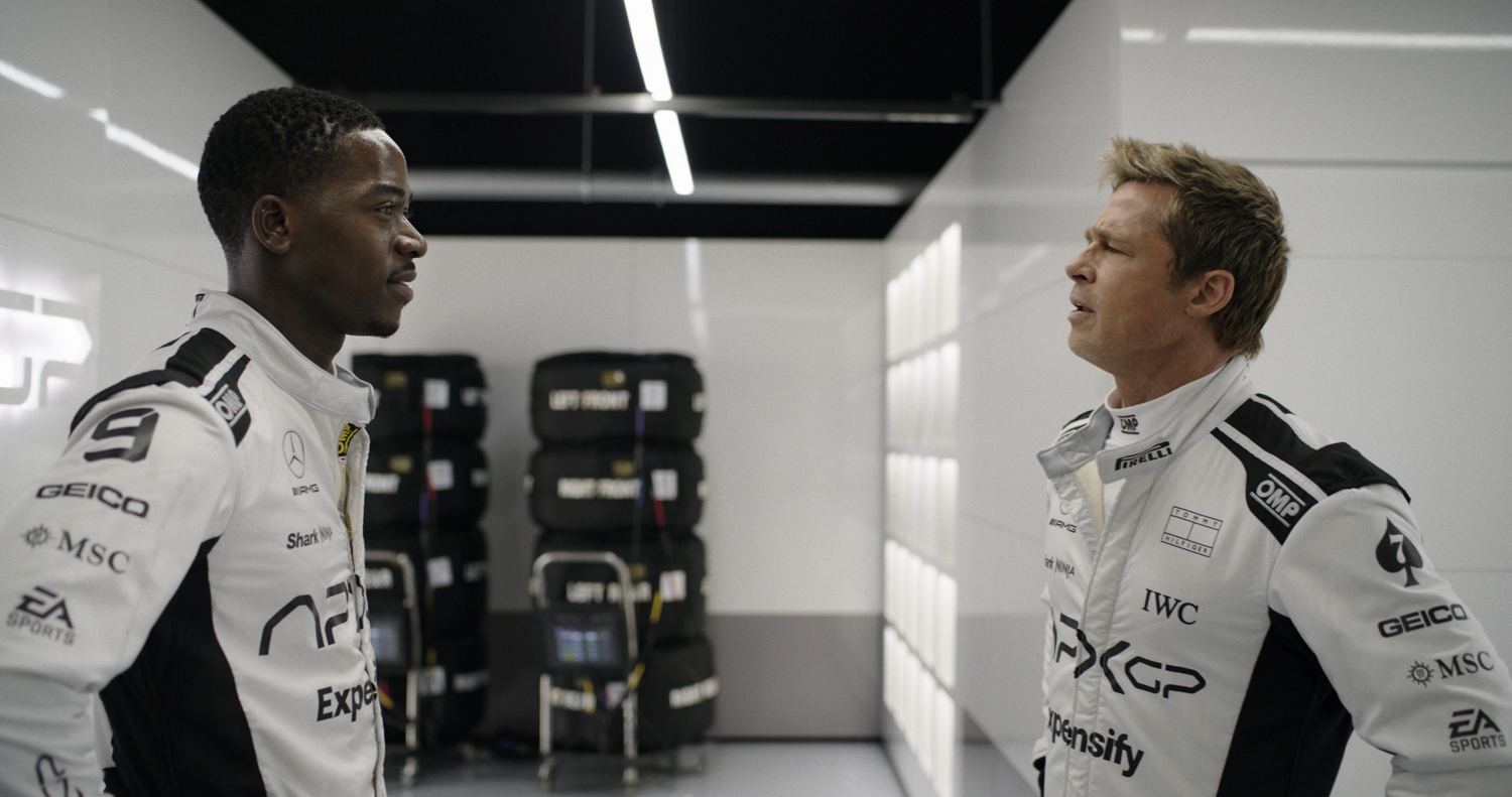 Damson Idris as Joshua Pearce and Brad Pitt as Sonny Hayes in a scene from