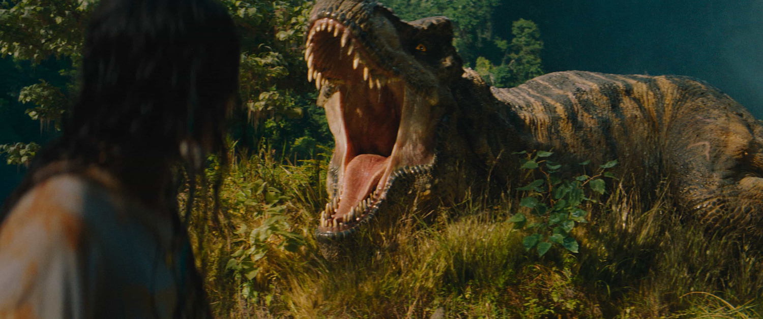 Luna Blaise as Teresa Delgado and the mighty Tyrannosaurus rex in a scene from