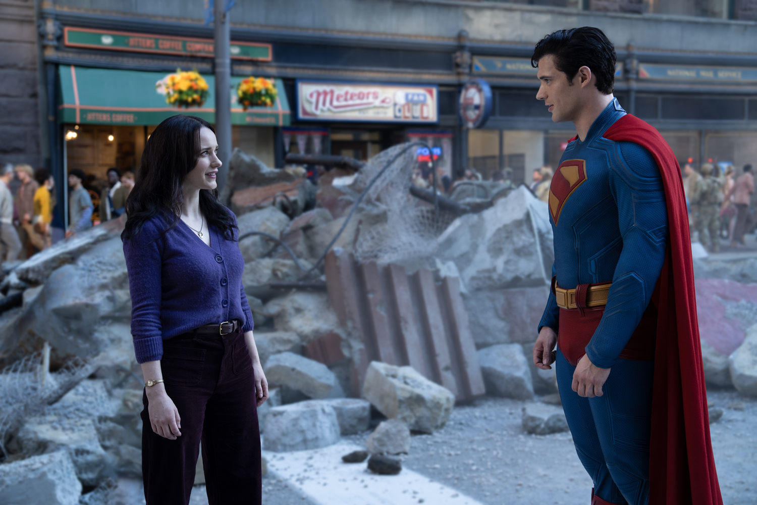 Rachel Brosnahan as Lois Lane and David Corenswet as Superman in a scene from