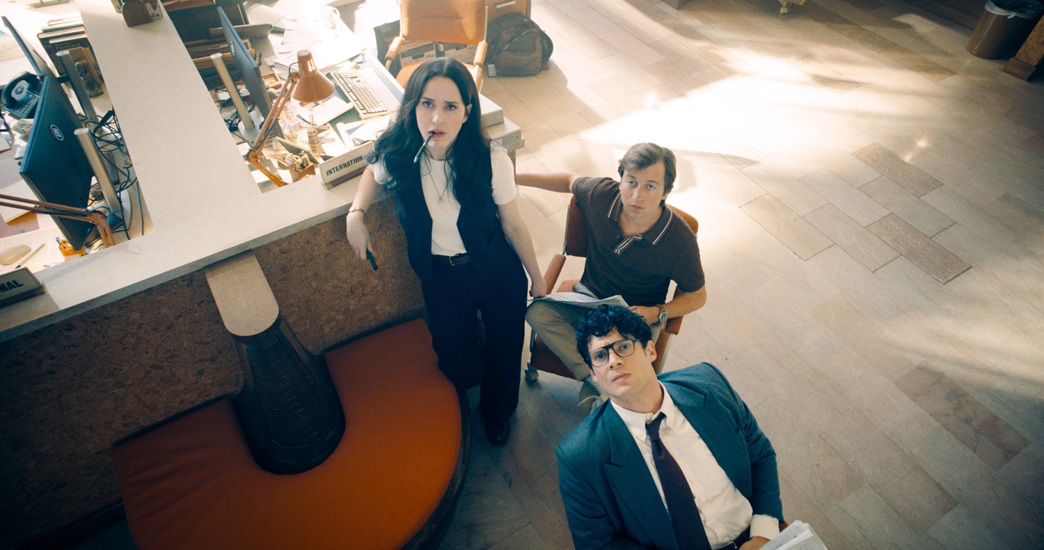 Rachel Brosnahan as Lois Lane, Skyler Gisondo as Jimmy Olsen and David Corenswet as Clark Kent in a scene from
