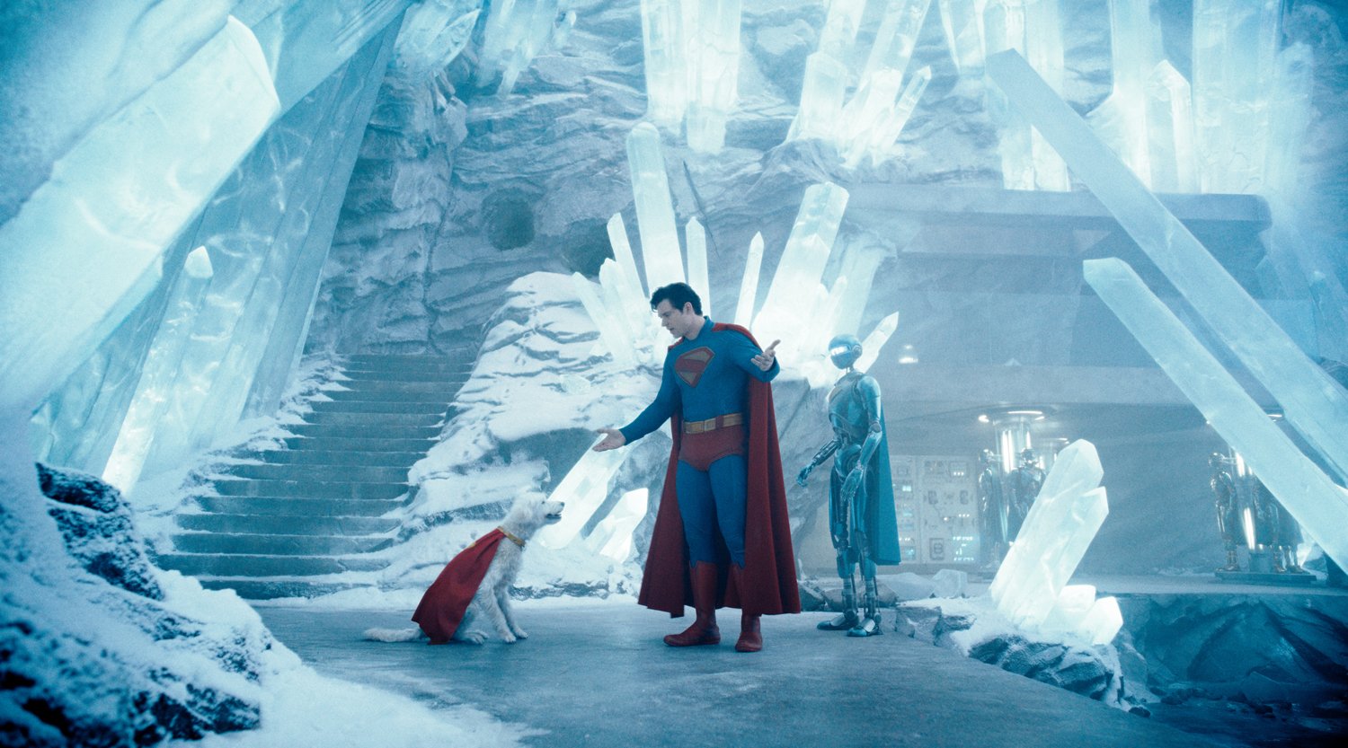 Ozu the Dog as Krypto and David Corenswet as Superman in a scene from