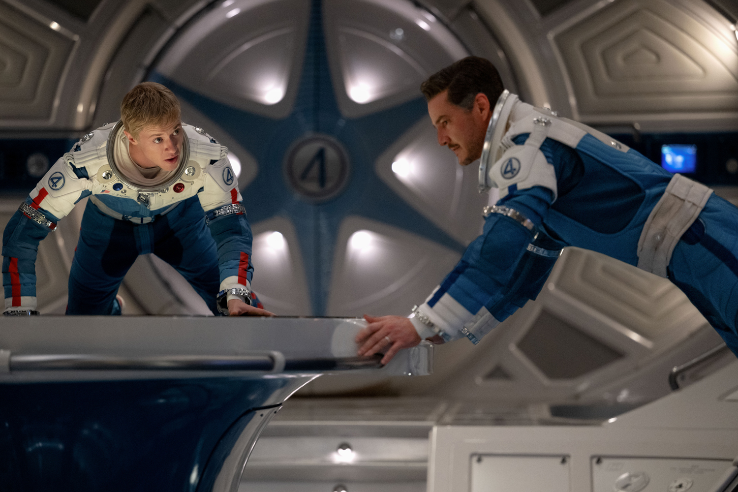 Joseph Quinn as Johnny Storm/Human Torch and Pedro Pascal as Reed Richards/Mister Fantastic in a scene from 