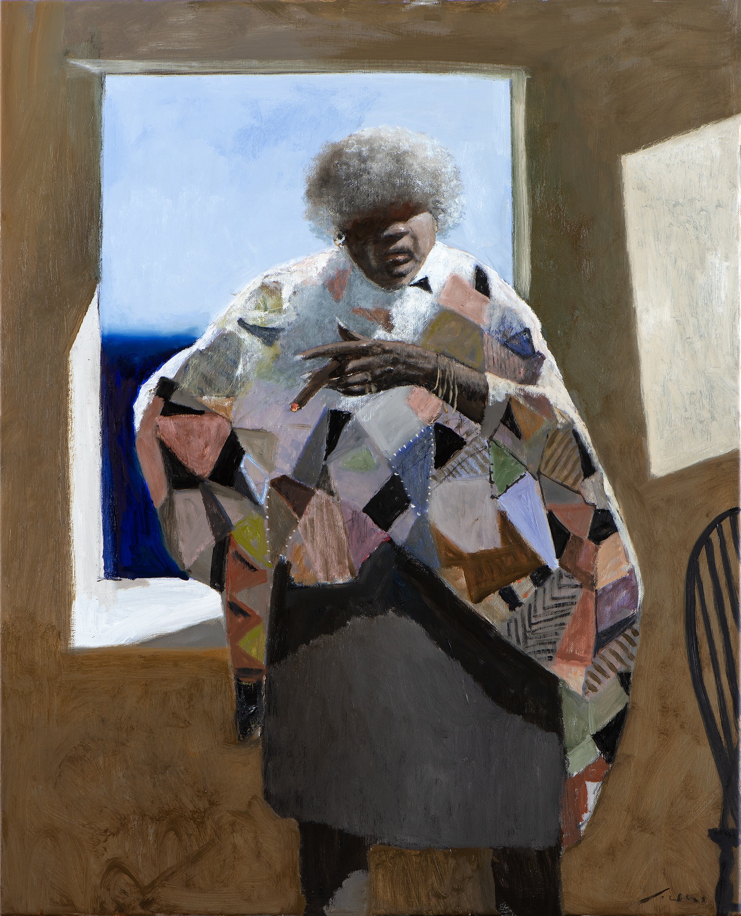 Julio Larraz, The Blind Storyteller, (2023), oil on canvas. (Photo courtesy of the Julio Larraz Foundation)