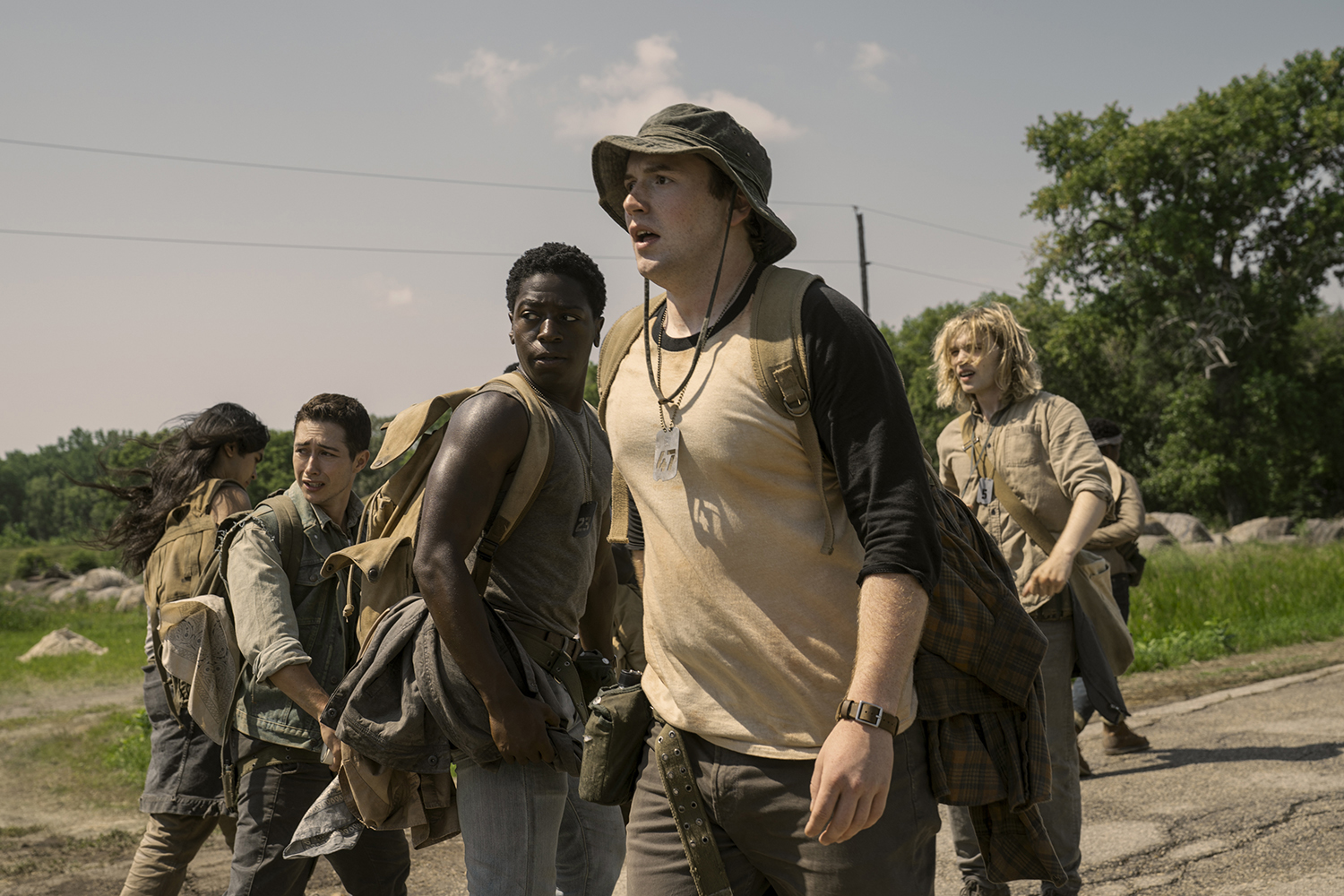 Joshua Odjick as Collie Parker, Jordan Gonzalez as Richard Harkness, David Jonsson as Peter McVries, Cooper Hoffman as Raymond Garraty and Charlie Plummer as Gary Barkovitch in a scene from