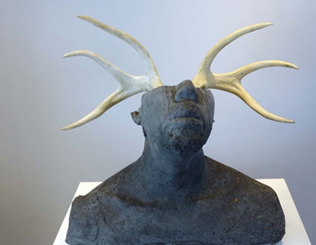 Damon Davis, Cracks 24, The Minotaur, 2025, concrete, deer antlers, 14