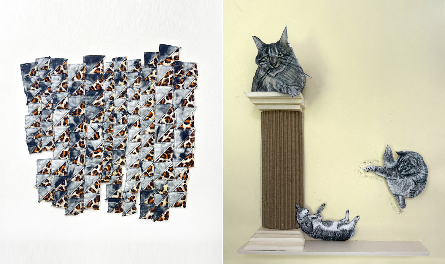 Left, work by Regina Jestrow and, at right, Lou Anne Colodny's contributions to 