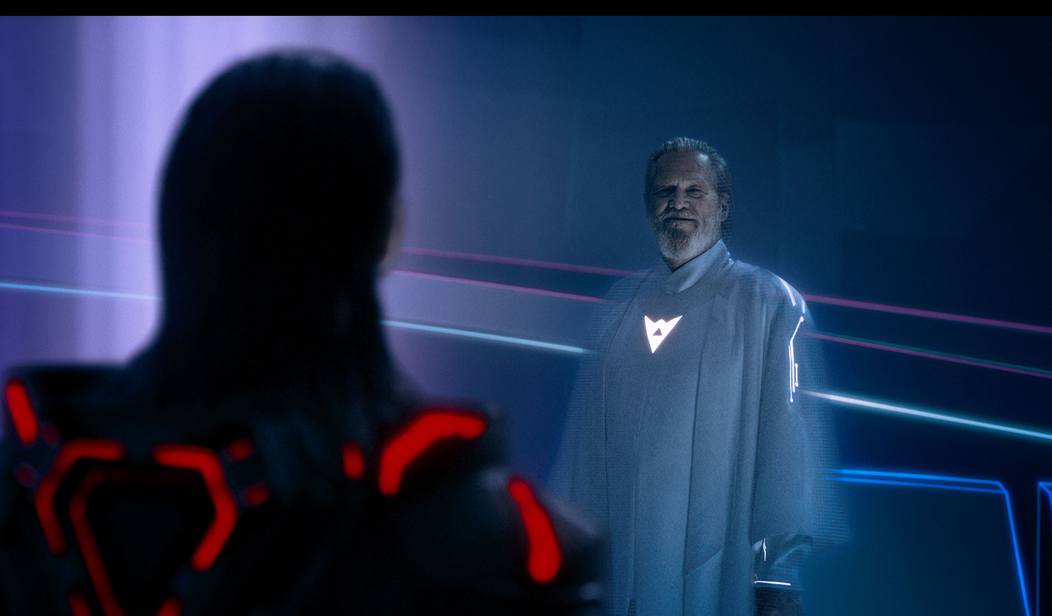 Jared Leto as Ares and Jeff Bridges as Kevin Flynn in a scene from 