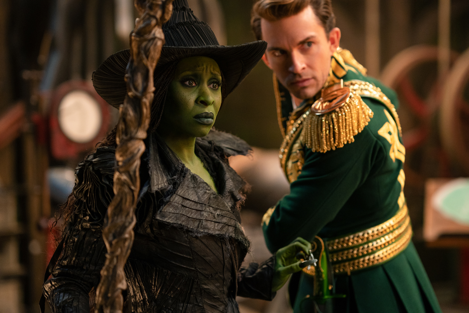 Cynthia Erivo as Elphaba and Jonathan Bailey as Fiyero in a scene from 