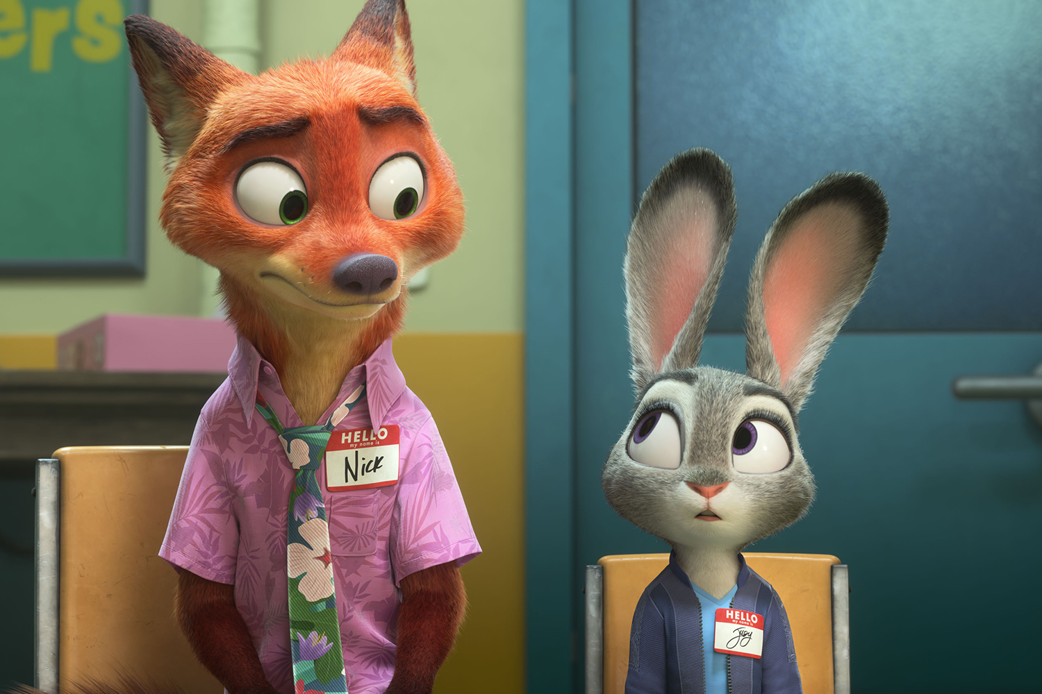 Nick Wilde (voiced by Jason Bateman) and Judy Hopps (voiced by Ginnifer Goodwin) in a scene from 