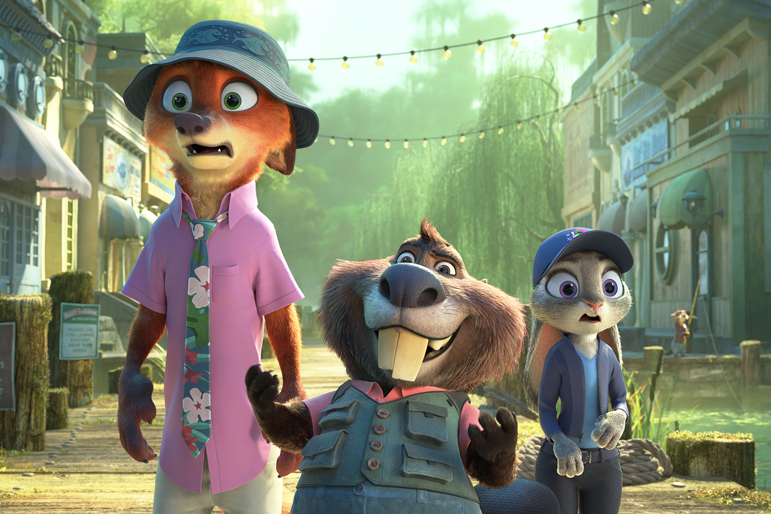 Nick Wilde (voiced by Jason Bateman), Nibbles Maplestick (voiced by Fortune Feimster) and Judy Hopps (voiced by Ginnifer Goodwin) in a scene from 