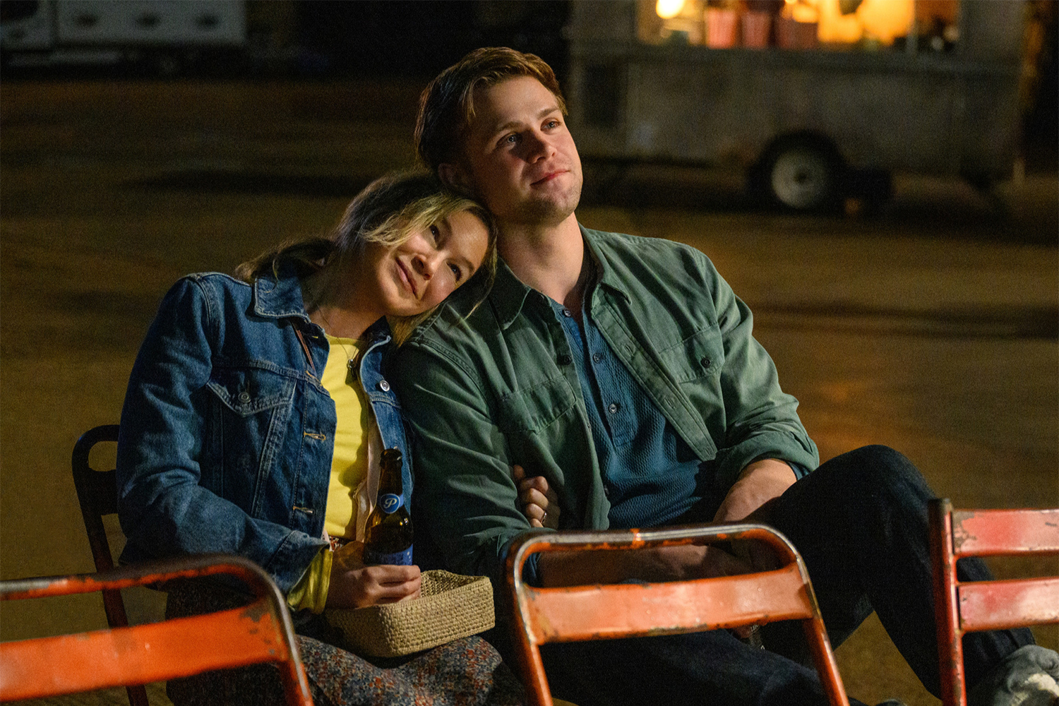 Renee Zellweger as Bridget Jones and Leo Woodall as Roxster in a scene from 