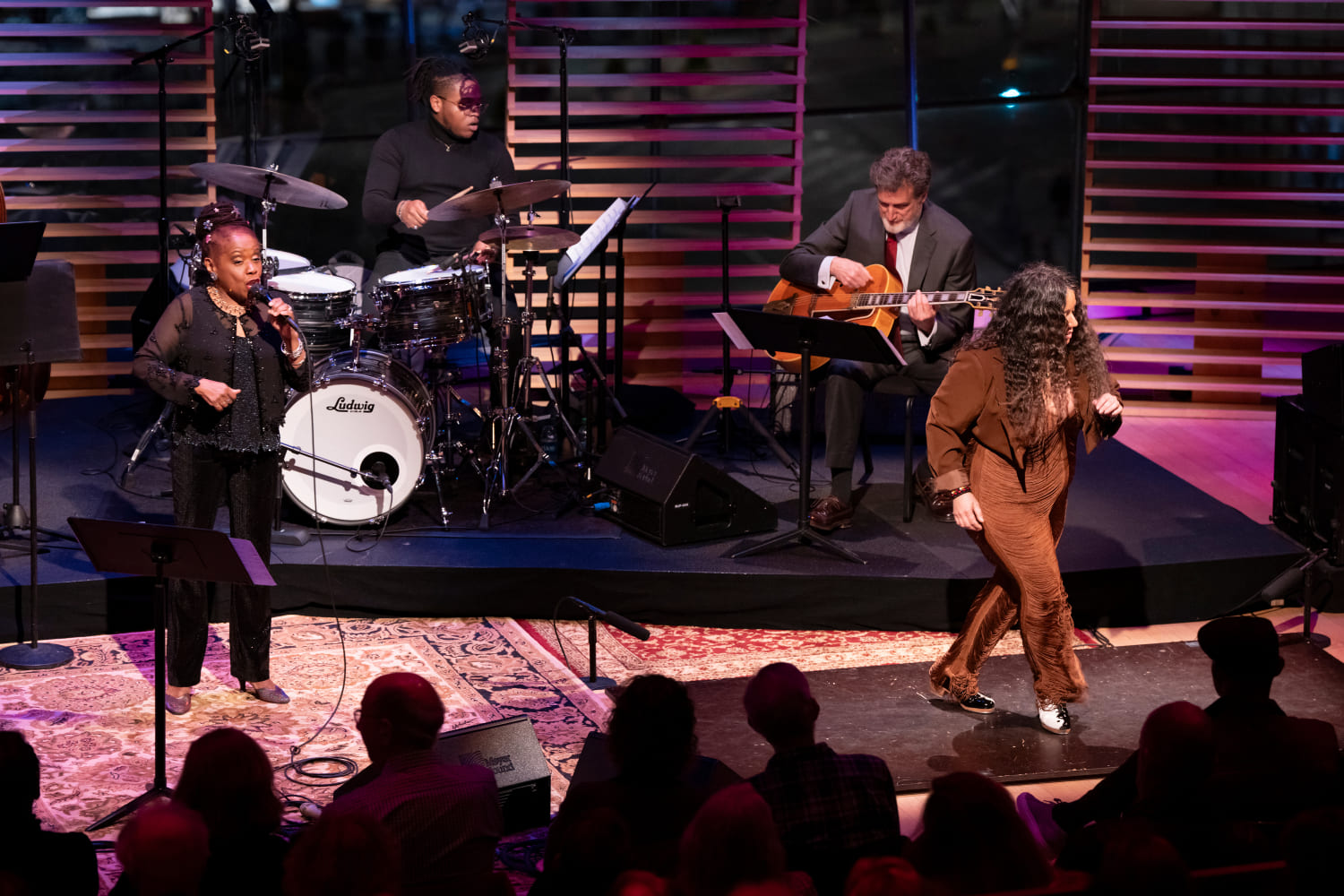 Catherine Russell with, from left, drummer Domo Branch, guitarist Matt Munisteri and tap dancer Michela Marino Lerman. (Photo by Gilberto Tadday courtesy of Jazz at Lincoln Center)