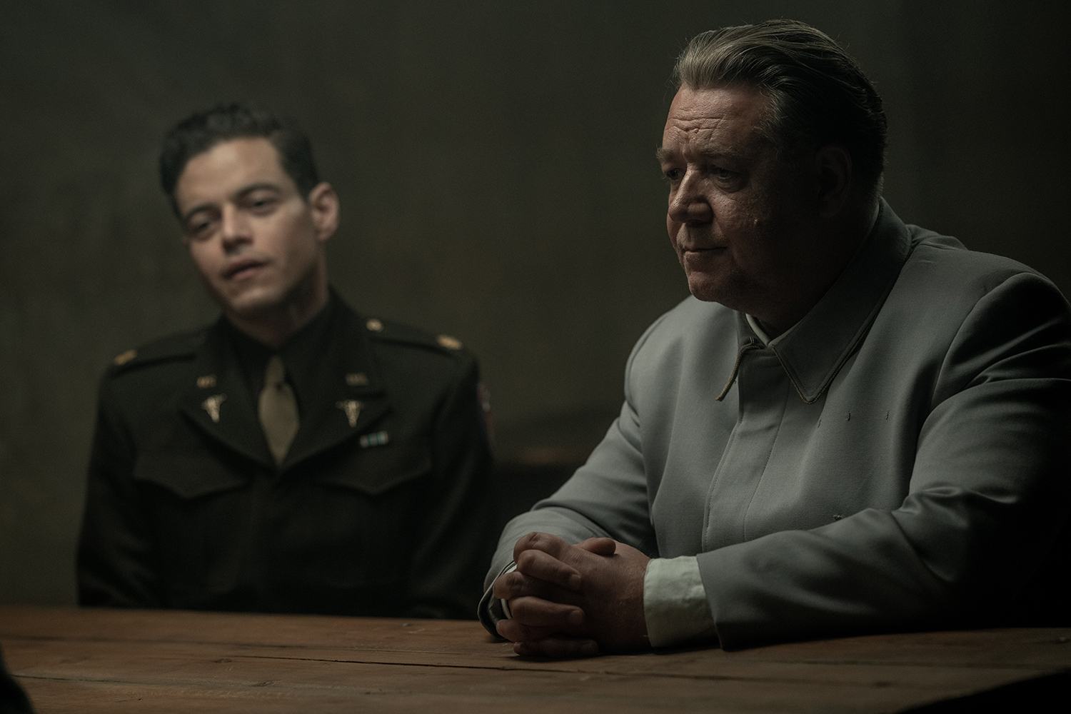 Rami Malek as Douglas Kelley and Russell Crowe as Hermann Goring in a scene from 