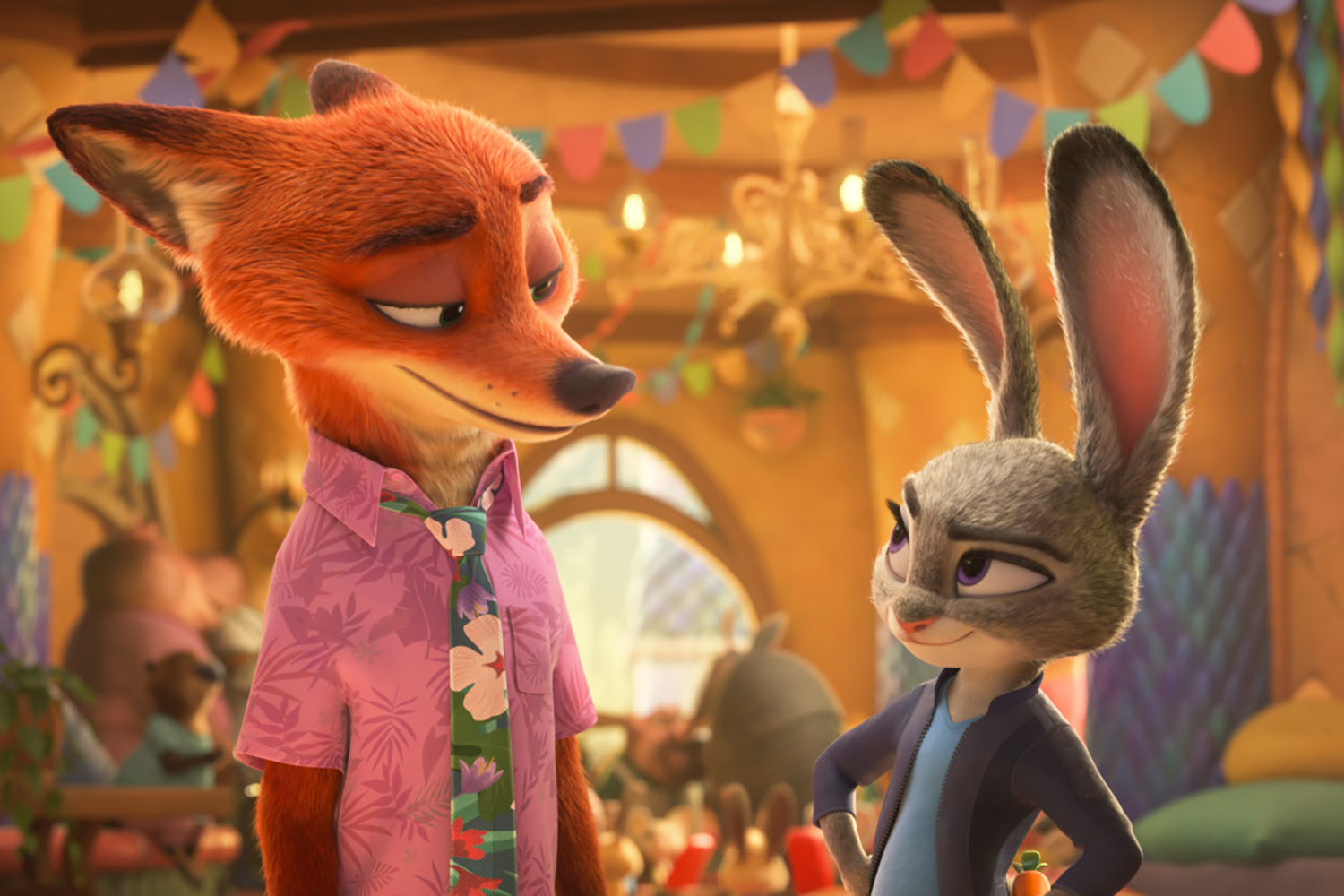 Nick Wilde (voiced by Jason Bateman) and Judy Hopps (voiced by Ginnifer Goodwin) in a scene from 
