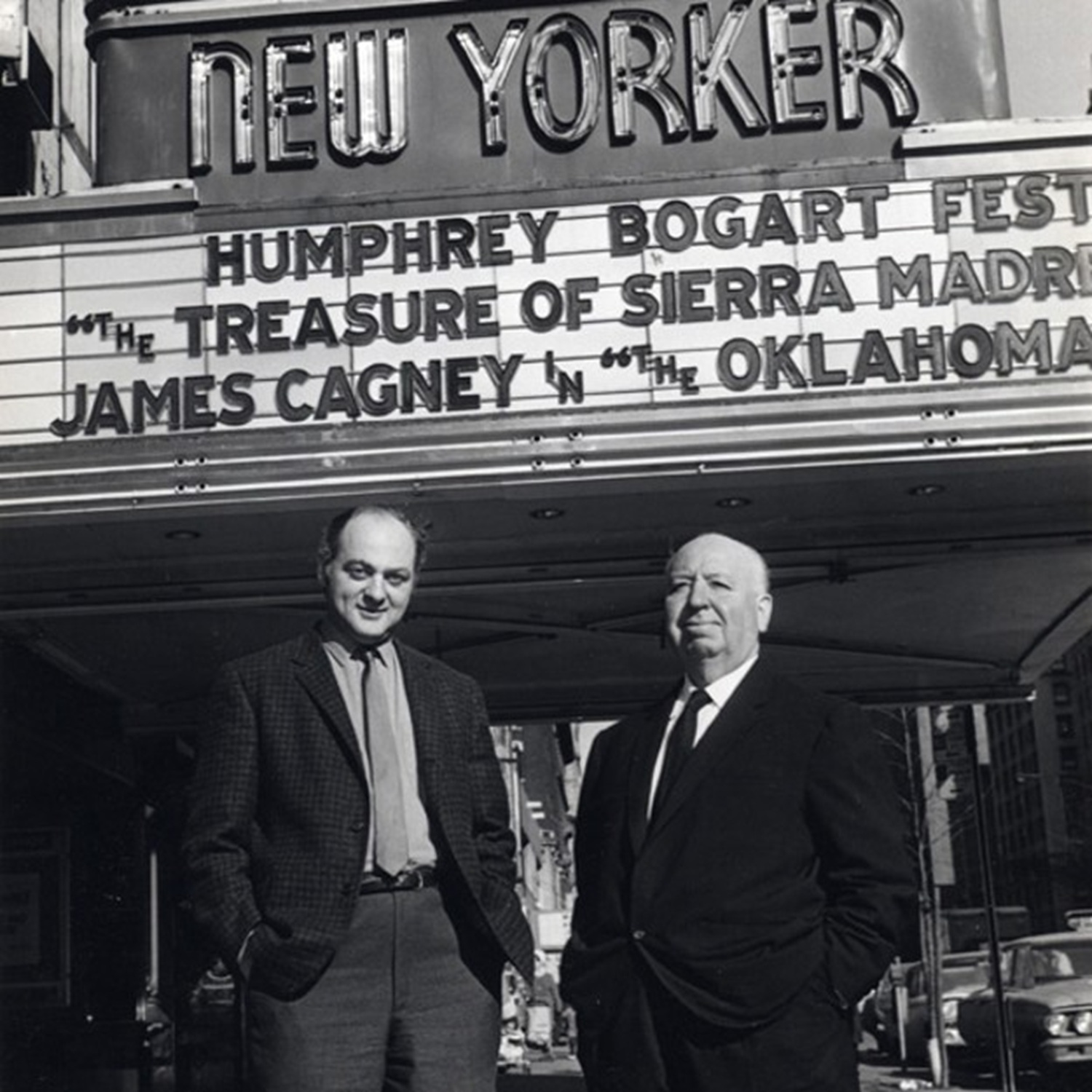 Don Talbot and Alfred Hitchcock in front of Talbot's The New Yorker theater. (Photo courtesy of Miami Jewish Film Festival)