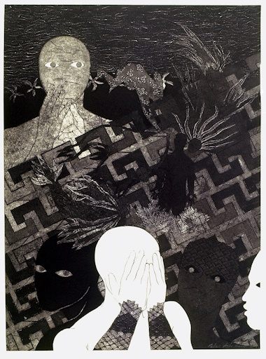 Artist Belkis Ayon - Sin titulo (Figura blanca abajo tapandose la cara/Labertinto de grecas). Collagraph, 1996 On loan from Carmen Corrales. (Image courtesy of the Belkis Ayon Estate and David Castillo)