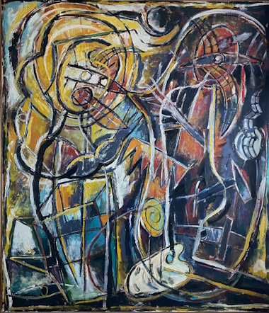 Artist Carlos Alonzo, Artist and the Genie - Oil on canvas,1987. On loan from Craig Robins Collection, M