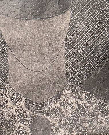 Close up of a collagraph by Belkis Ayon. (Image by Irene Sperber to show artist's  process.)