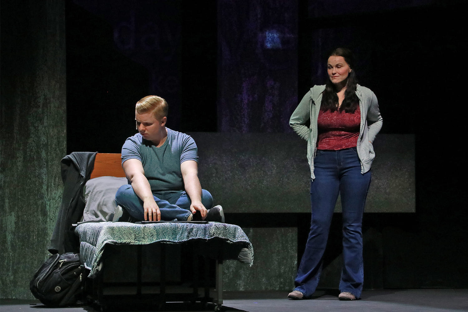 Logan Clinger as Evan Hansen and Stacie Bono as his mother, Heidi, in Actors' Playhouse's production of 