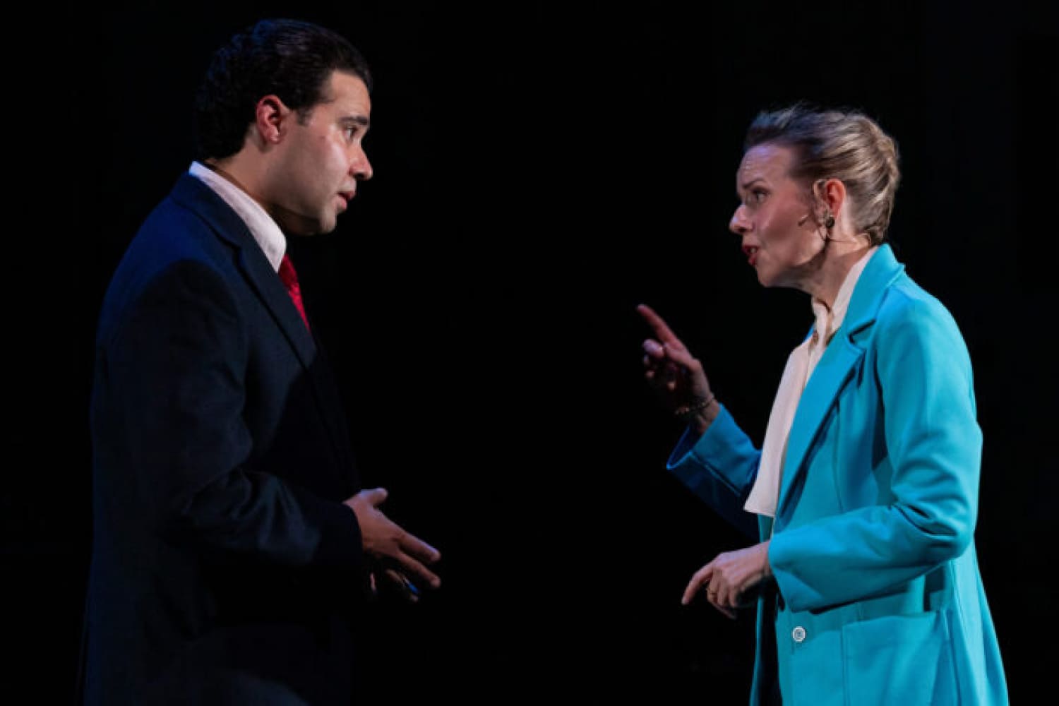 Manny Diaz (Andhy Mendez) and Emmy Shafer (Laura Faye Smith) find themselves on opposing sides of a debate in the world premiere production of 
