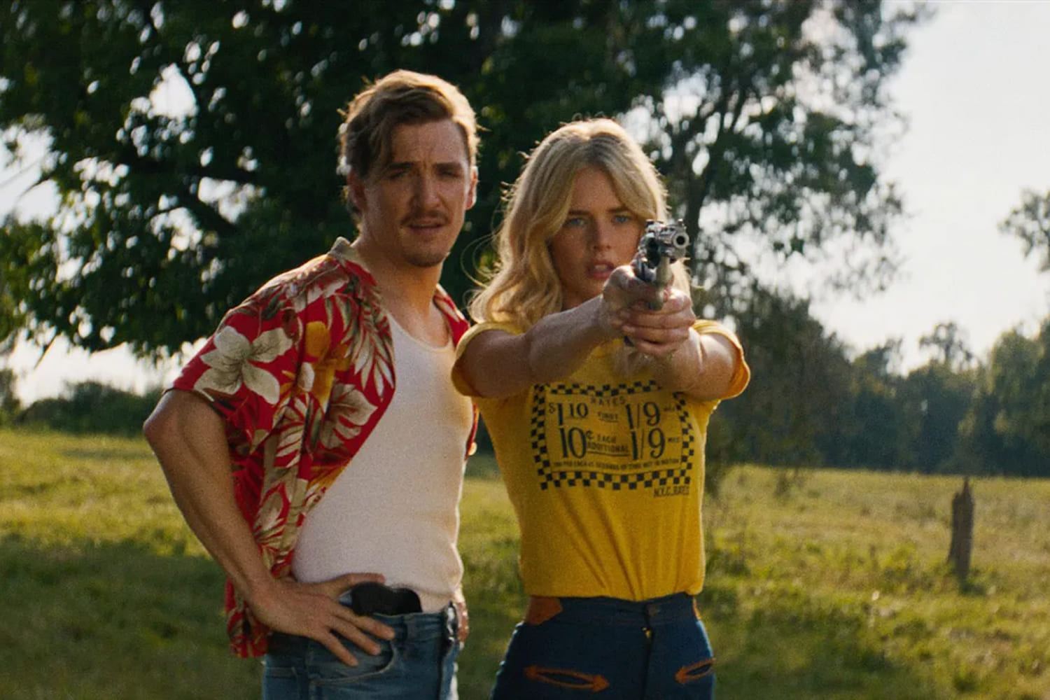 Kyle Gallner as Oliver and Samara Weaving as Caroline Daniels in a scene from 