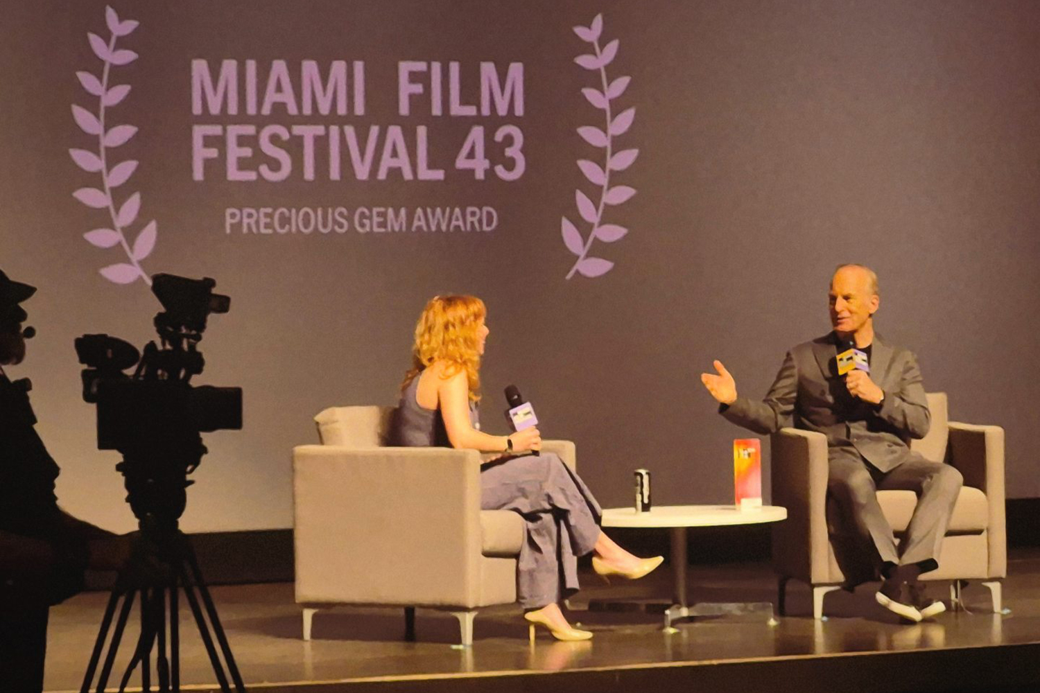 Moderator Megan McLachlan and Bob Odenkirk at a Q&A following the Florida premiere of 