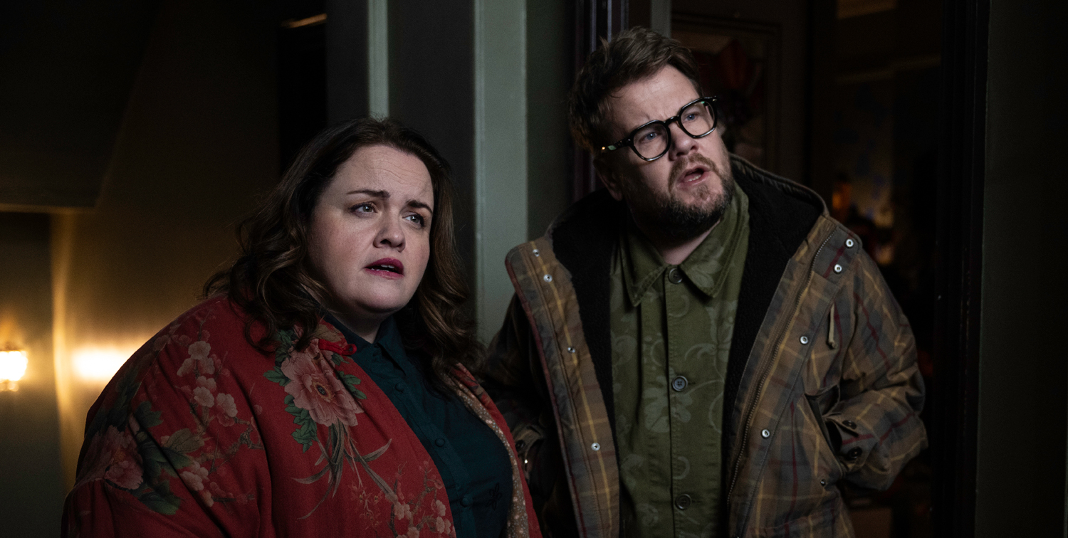 Jessica Gunning as Sallie Milton Sklar and James Corden as Barnaby Sklar in a scene from 