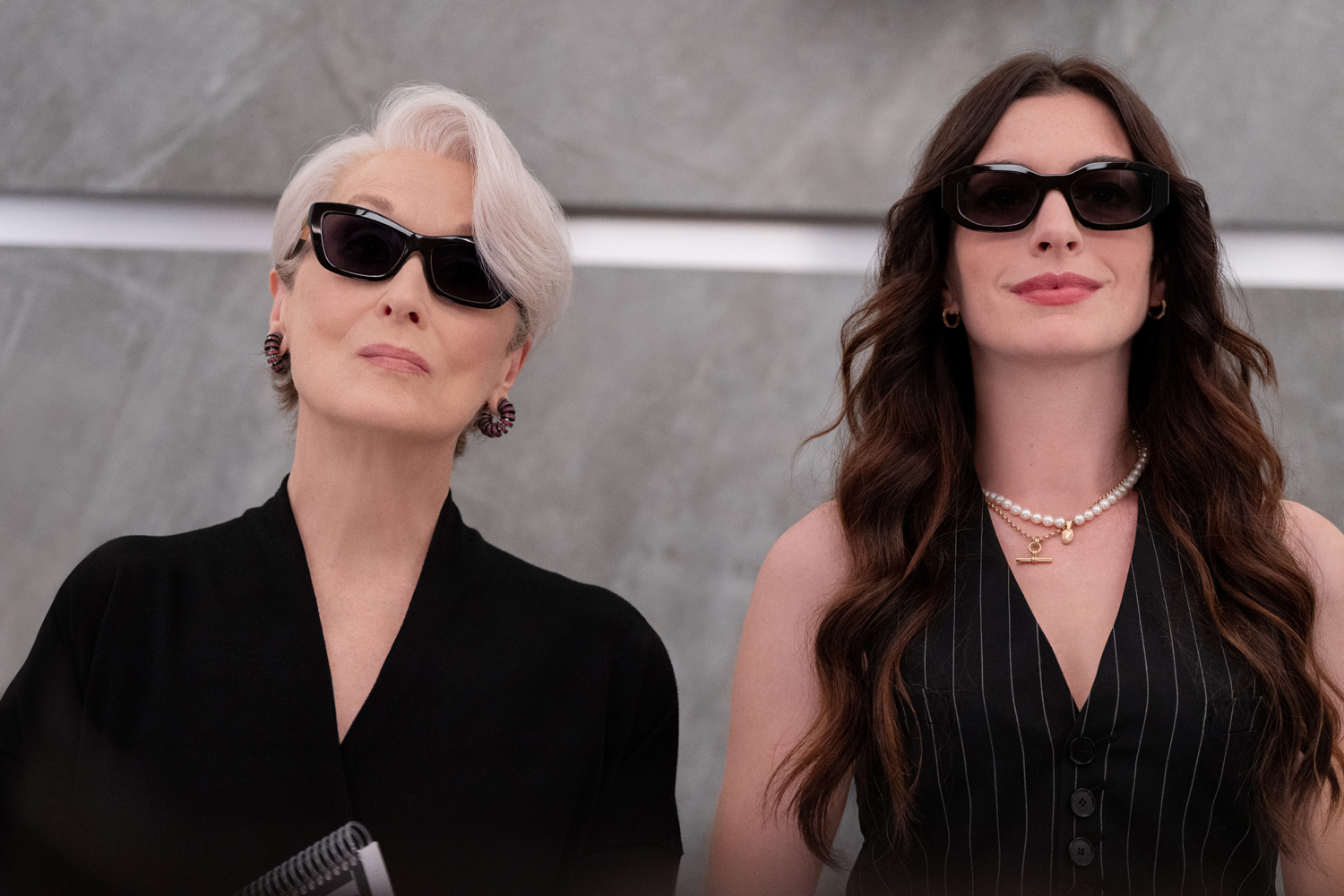 Meryl Streep as Miranda Priestly and Anne Hathaway as Andy Sachs in a scene from 