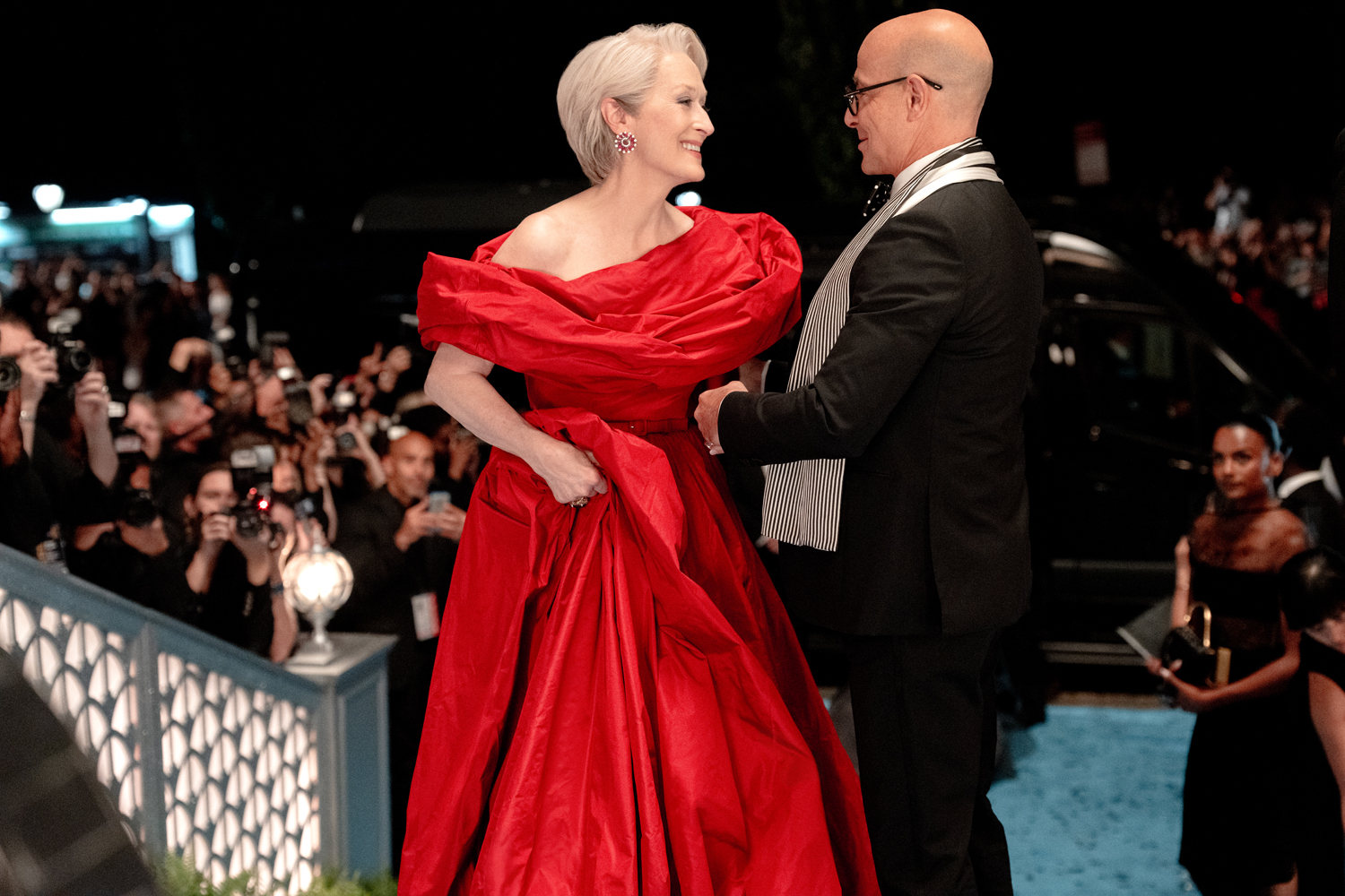 Meryl Streep as Miranda Priestly and Stanley Tucci as Nigel Kipling in a scene from 