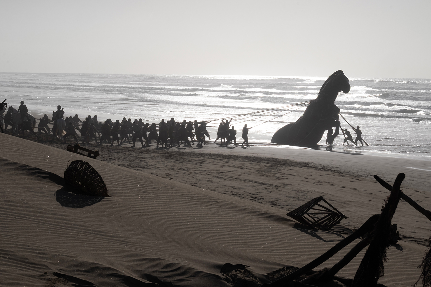 A Greek army hides inside the Trojan horse in a scene from 