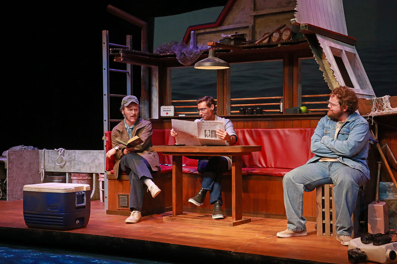 Iain Batchelor (Robert Shaw), Adam Poole (Roy Scheider), Wesley Slade (Richard Dreyfuss) in Actors' Playhouse's production of 
