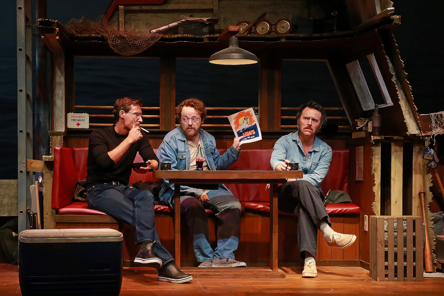 Adam Poole as Roy Scheider, Wesley Slade as Richard Dreyfuss, and Iain Batchelor as Robert Shaw in Actors' Playhouse's production of 