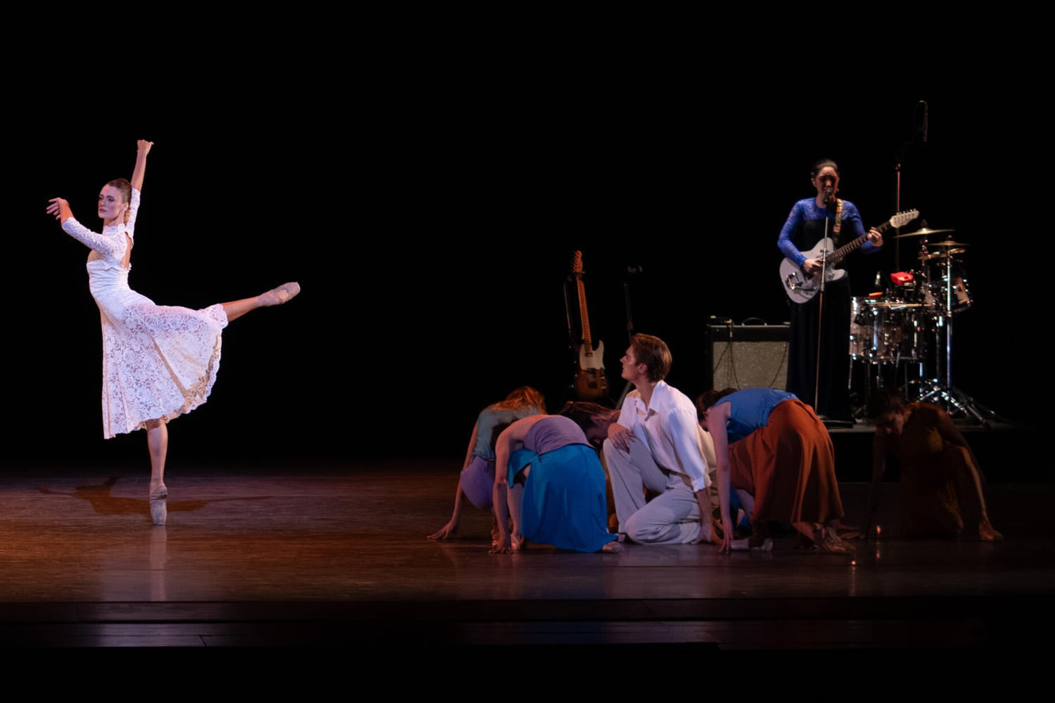 Hannah Fischer and the dancers of Miami City Ballet (MCB), with Cameron Catazaro in the center, and musician Emily Estefan in Patricia Delgado's 