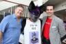 Steve Adkins and Adrienne Arsht Center for the Performing Arts Vice-President Marketing Andrew Goldberg pose with the Big Bad Purple Wolf.