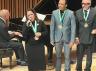 Gloria Estefan performing at the gala celebrating the grand opening of the new 			building on the Frost Music School Campus, with Shelly Berg at the piano, as 			Emilio Estefan and Jon Secada look on